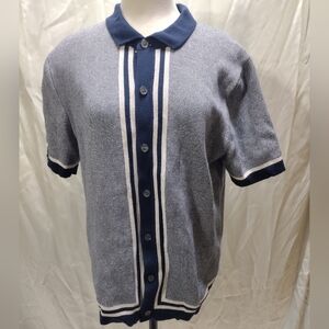 J. Crew Men's L Short Sleeve Navy Birdseye Jacquard Polo Cardigan Sweater